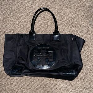 Tory Burch Black Nylon Tote Bag Patent Leather Trim GUC
